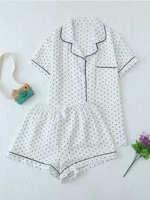 2pcs Women's Spring/Summer Polka Dot Print Short Sleeve Top With Contrast Collar And Loose Straight Shorts Set, Casual Minimalist Classic Fashion, Suitable For Home Or Outdoor Wear - Black and White - View 1