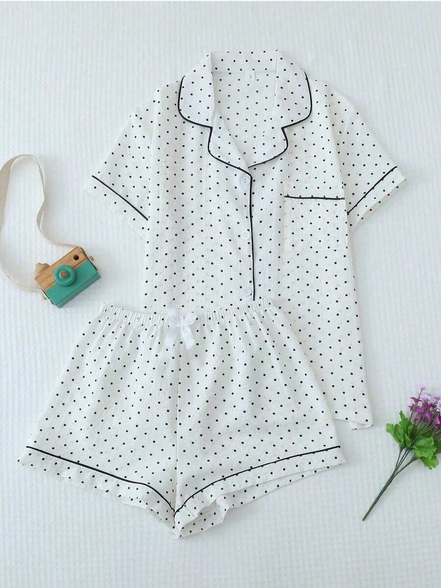2pcs Women's Spring/Summer Polka Dot Print Short Sleeve Top With Contrast Collar And Loose Straight Shorts Set, Casual Minimalist Classic Fashion, Suitable For Home Or Outdoor Wear - Black and White - View 1