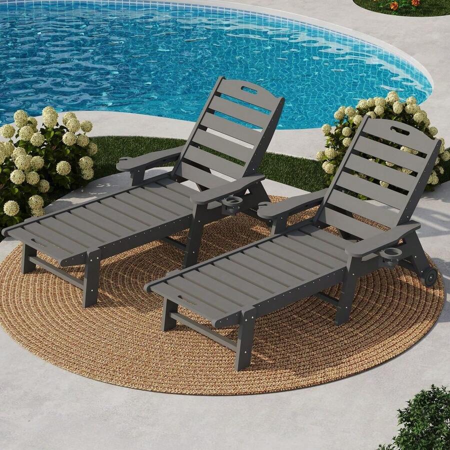 Sillones reclinables de HDPE, resistentes y resistentes, para exteriores, con 5 posiciones ajustables y portavasos, para piscina, jardín y patio. - Gris con ruedas - Ver 1