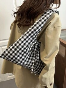 时尚甜美格纹高端简约包包，2026新款复古风女士大容量包 - 黑色 - 查看 7