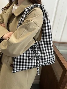 时尚甜美格纹高端简约包包，2026新款复古风女士大容量包 - 黑色 - 查看 11