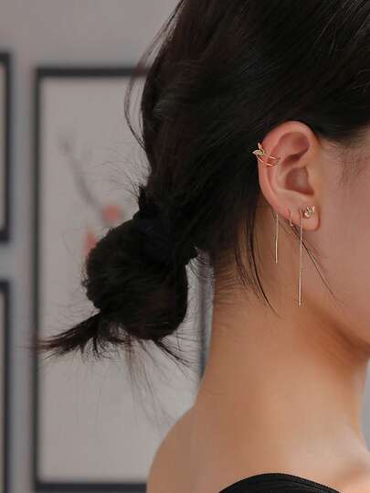 Nooxian 1 Set Gold Leaf Ear Cuff + Butterfly Stud + Extra Long Tassel Ear Chain 3 PiecesEarring Set, Niche Design Layered Ear Accessories, Ethereal Atmosphere Elegant Combo