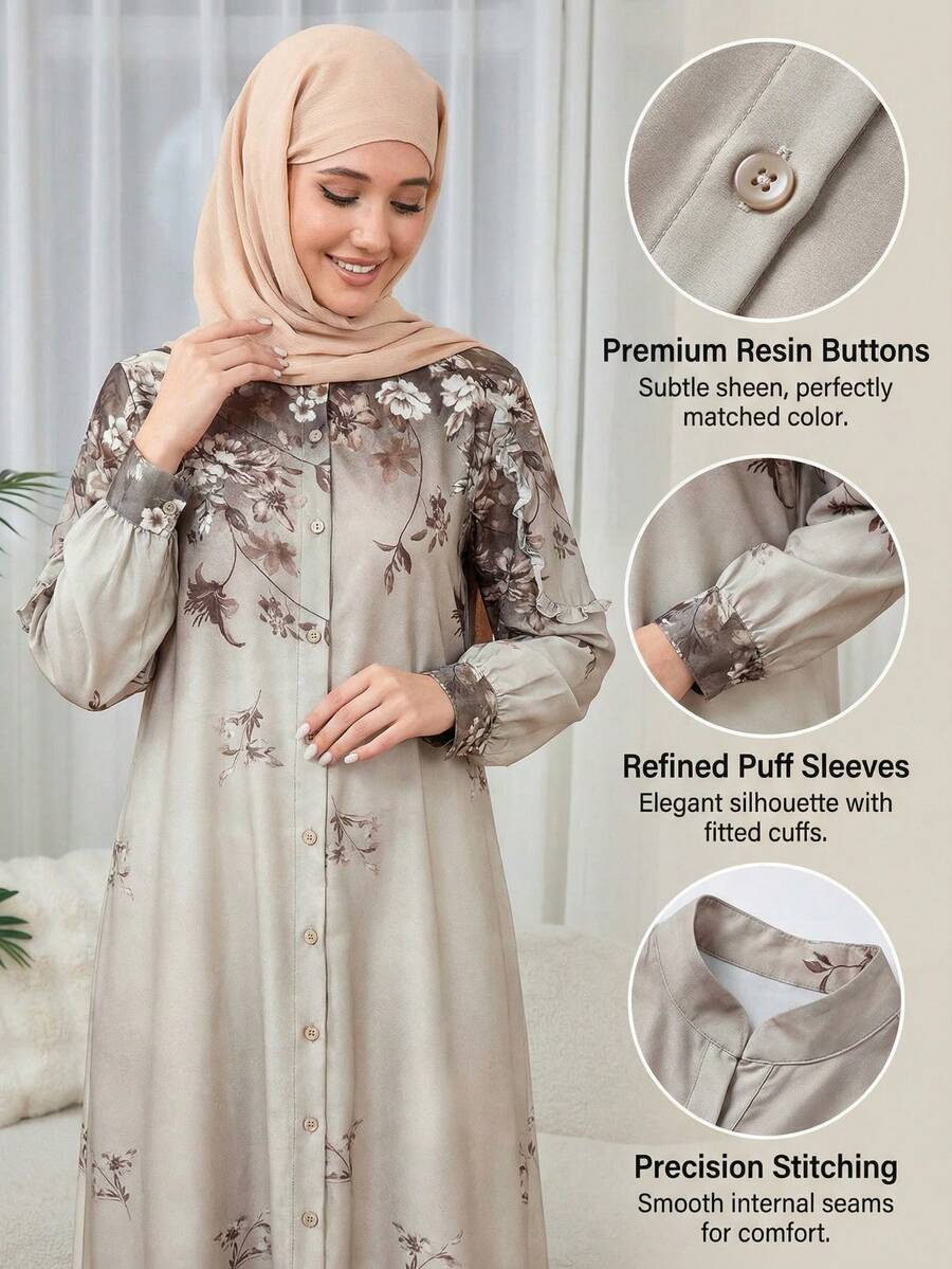 Elegante vestido bata floral de hombros descubiertos, suelto y largo para mujer - Champán - Ver 1