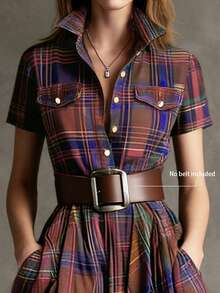 HUTENER (Belt Not Included) Women's Spring/Summer Fashion Multi-Color Plaid Retro Long Dress, Extra-Large Skirt Design, Stylish Button Fitted Lapel Shirt Dress, Perfect Choice For Parties And Events Elegant - Brown - View 4