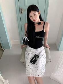 2026 Summer White Black Polka Dot Midi Skirt - Elegant Pure Yurty Sweet Casual Street High-Waist A-Line Flowy Hem Mini Bow Detail Ladies Skirt , Perfect For Valentine's Day/Women's Day/Mother's Day - Black and White - View 4