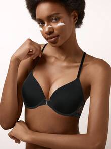 Women's Black Lace Front-Closure Bra - Sexy Racerback Push Up Design - Black - View 7