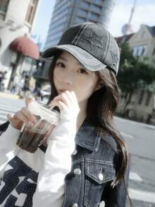 1pc Vintage American Letter Distressed Washed Denim Outdoor Street Tongue Cap, Unisex Versatile Sun Hat, Large Head Circumference Flattering Denim Baseball Cap For Women - Peaked Cap - View 4