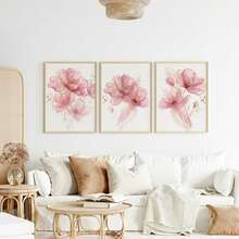 3 piezas Impresiones de lienzo con flores elegantes doradas, rosas y grises | Arte de pared botánico moderno para dormitorio, sala de estar u oficina, póster de plantas abstractas, regalo para ella, sin marco - Multicolor - Ver 4