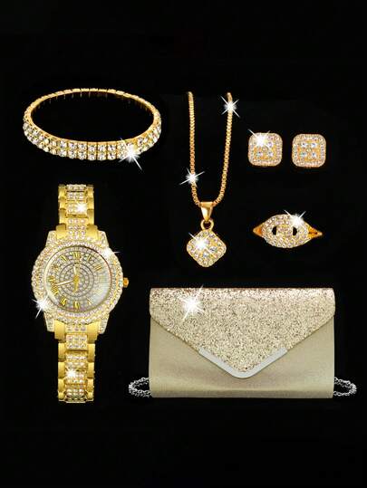 7 piezas Conjunto de relojes de mujer de piel sintética PU, reloj de cuarzo con números romanos de tres agujeros, conjunto de accesorios de joyería de moda que incluye reloj, gafas de moda y cartera (sin caja)