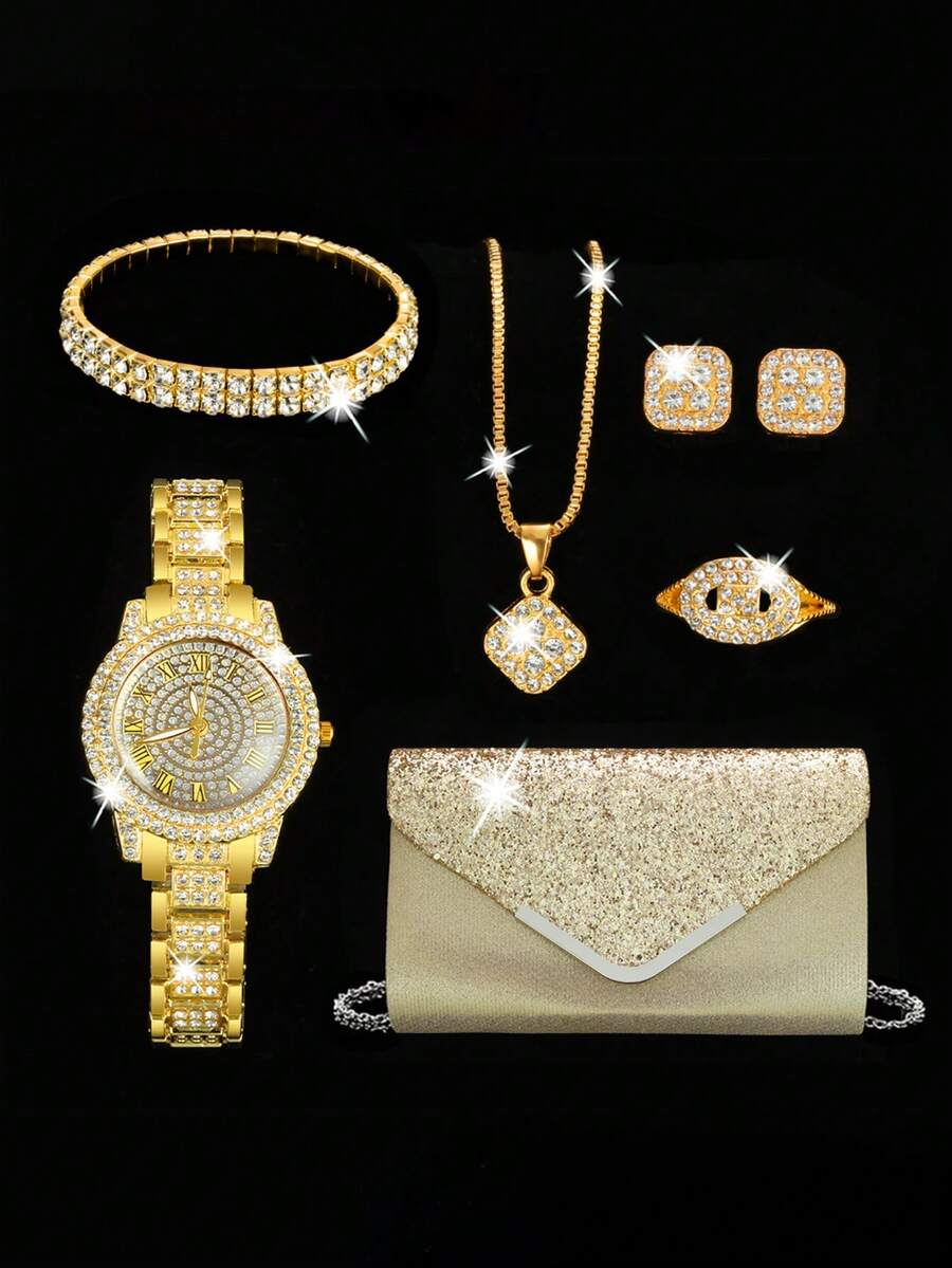 7pcs Women's PU Leather Watch Set, Three-Hole Roman Numeral Quartz Watch, Fashion Jewelry Accessories Women's Watch Fashion Glasses Wallet Set (No Box). - Multicolor - View 1