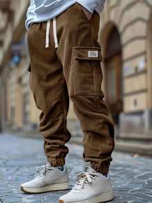Męskie spodnie dresowe z sztruksu w dużych rozmiarach, luźne, codzienne, modne spodnie dresowe, spodnie cargo z dużymi kieszeniami, odporne na mechacenie, odpowiednie na zakupy, randki, podróże, sporty rekreacyjne i do noszenia na co dzień - Brązowy - Zobacz 4