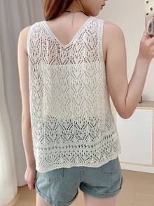 Loose Fit V-Neck Sleeveless Crochet Lace Knit Vest, Layering Cover Up - White - View 3