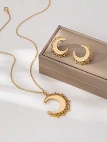 1 Set de Joyas con Aretes y Collar con Diseño Geométrico de Luna, Diseño Versátil - Amarillo Oro - Ver 3