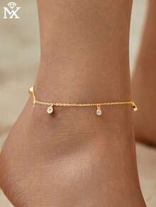 SYMFNY 1pc Elegant & Cute 925 Silver Zirconia Inlaid Teardrop & Round Pendant Anklet, Women Beach Holiday Wear - Anklets - View 7