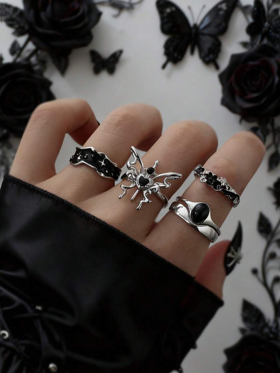 4pcs Vintage Black Y2K Enamel Rhinestone Butterfly & Star Rings Set, Open Finger Rings For Women, Sweet & Cool Style - Silver - View 1