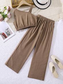 Left Mama 女童休闲斜肩吊带背心和直筒裤套装，日常百搭，夏季 - 棕色 - 查看 2