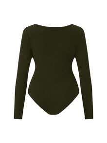 Body cómodo de maternidad, manga larga con cuello en V profundo, tela de alta elasticidad, ropa de embarazo versátil - Verde Oscuro - Ver 3