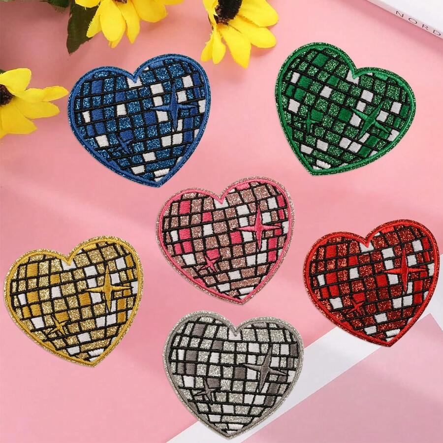 12pcs Disco Ball Heart Iron-On Patches - Vibrant Embroidered Appliques For Jeans, Hats, T-Shirts & Backpacks - Disco Planet - View 1