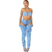 Casual, Fashionable, Youthful And Sporty Style, High-Quality Washed And Elastic Denim, Personalized Split Zipper, Three-Dimensional Pocket, Chest Hugging And Sexy Set - 藍色 - 查看 5