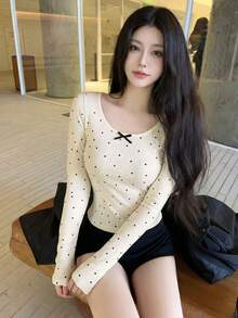 New Spring/Summer Polka Dot Knit Top With Bow Collar, Long Sleeve, Slim Fit, Versatile, Sweet & Youthful - White Background With Black Dots - View 5
