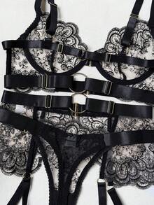 Women's Sexy Embroidered Floral Sheer Lingerie Set, Exotic Style - Black - View 11