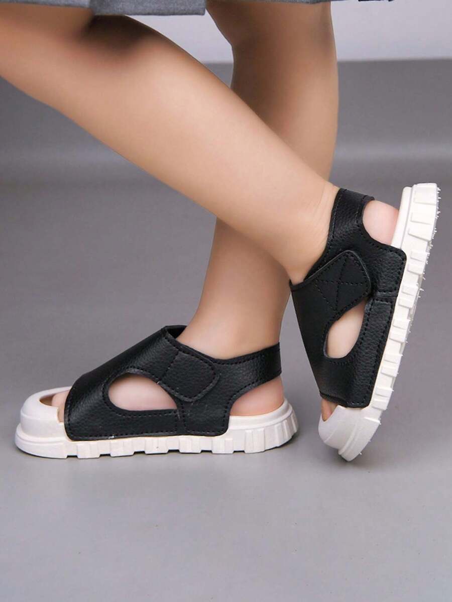 1 par de sandalias planas y lindas con diseño simple, de PU con , suela suave antideslizante, apropiadas para bebés en la playa durante el verano - Negro - Ver 1