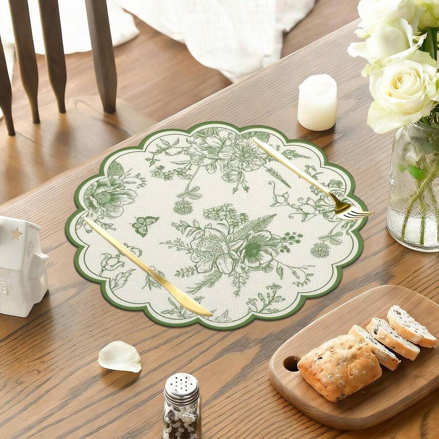 1pc/Set Green Floral Linen Round Placemat, 38cm, Seasonal Kitchen Dining Table Decor Mat, Spring Home Decor, Spring, Wedding Home Decoration - Multicolor - View 1