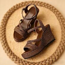Women's Summer Platform Wedge Heel Roman Sandals Open Toe Thick Sole Shoes - Brown - View 3