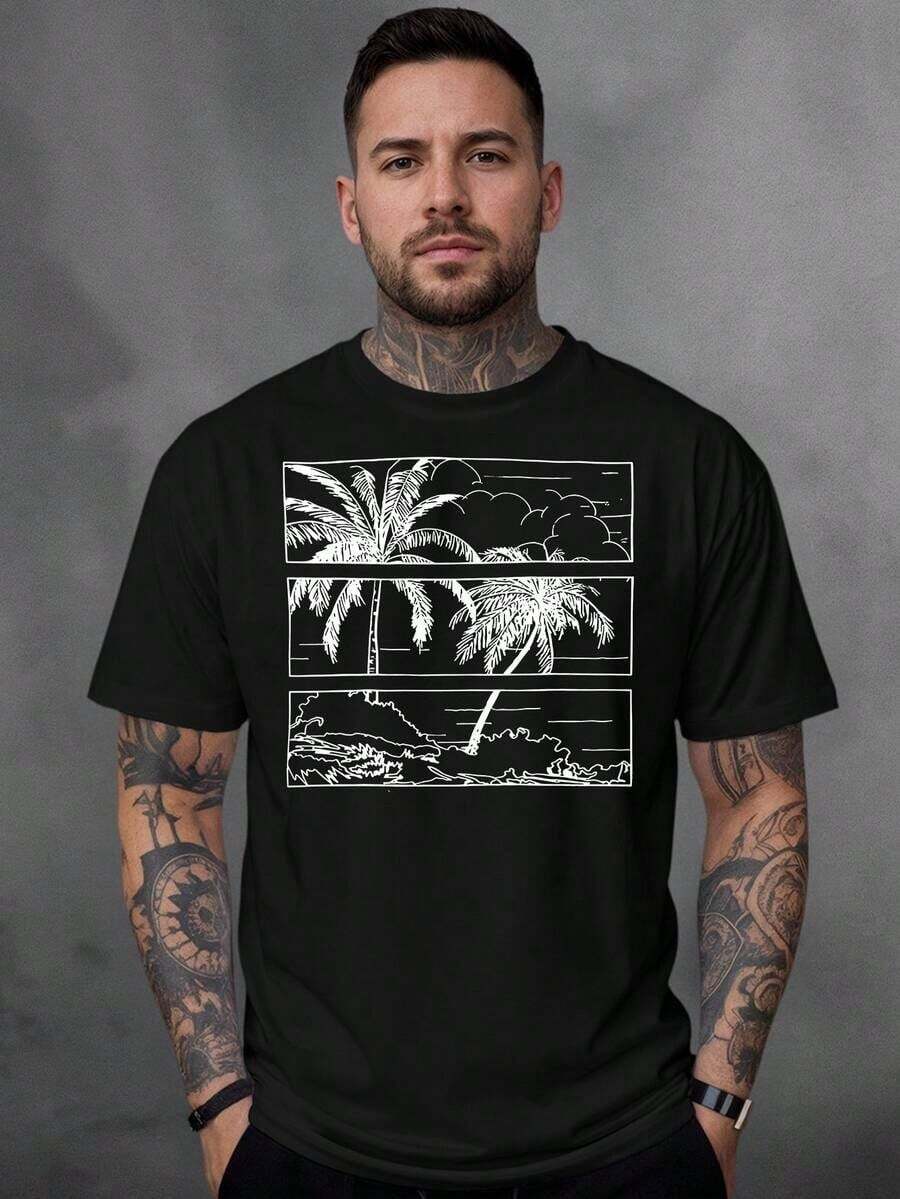 Men's T-Shirt, 100% Cotton, Palms Print - 黑色 - 查看 1