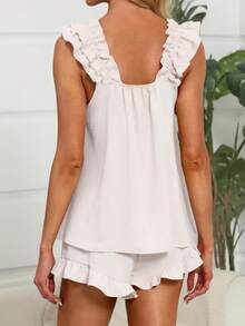 Women's Summer Lounge Set Ruffle Shoulder Strap Tank Tops Drawstring Shorts Sleepwear Sets - Màu be - Xem 4