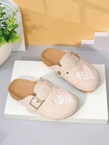 1 Pair Girls' Beige Suede Sparkling Diamond Heart Pattern Mule Shoes, Closed Flat, Comfortable & Cute, Casual Everyday Wear - Beige - View 6
