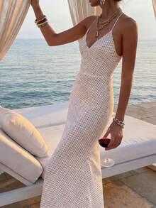 Women's Elegant Sexy Backless Polka Dot Maxi Dress, Sleeveless Low-Cut A-Line Woven Fabric, Tie-Back/Suitable For Beach Vacation/Date Night - White - View 4