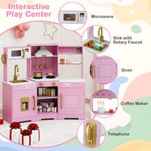 Pretend Play Kitchen For Kids Toddler Aged 3+ Wooden Toy Set With Range Hood White/Brown - Pink - View 4