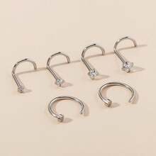 6 piezas Anillos de nariz de acero inoxidable con circonita y pendientes de nariz negros - Plateado - Ver 7