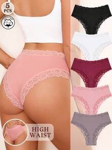 FINETOO 5pcs/Pack High Waist Women's Romantic Floral Lace Trim Ribbed Cotton Briefs - Multicolor - View 1