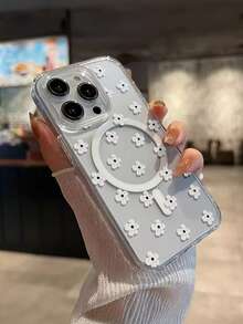 1pc Minimalist White Floral & Polka Dot Pattern Magnetic Phone Case, Compatible With Apple XS/XS Max/XR/11/12/13/14/14 Plus/15/15 Plus/16/16 Plus/7/8 Plus/17/17 Pro - Multicolor - View 3