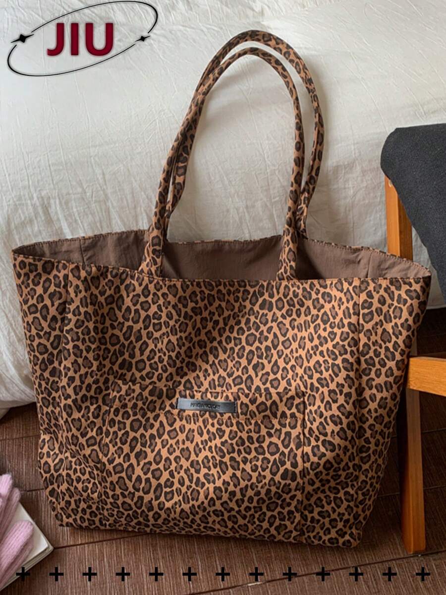 复古豹纹尼龙手提包，女士时尚单肩包，简约街头风单肩包，大容量购物袋，轻便斜挎包，适合青少年、大学生、上班族女性，适用于办公室、学校、工作、商务、通勤、购物、约会、户外活动、旅行、徒步等各种场合，也是送给女性的理想礼物。