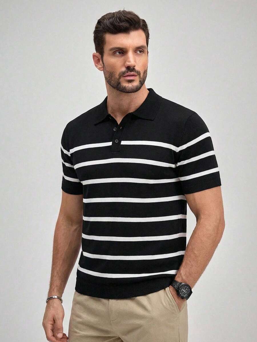 Officeau 1pc Custom-Fit - Striped Collared Short Sleeve Knit Blouse Spring To Summer - Black - View 1