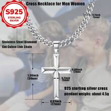 Sterling Silvery Cross Pendant Necklace, Stainless Steel Cuban Link Chain, Fashion Jewelry For Men, Curb Chock, Valentine'S Day Gift - 16.0吋鏈條 - 查看 5