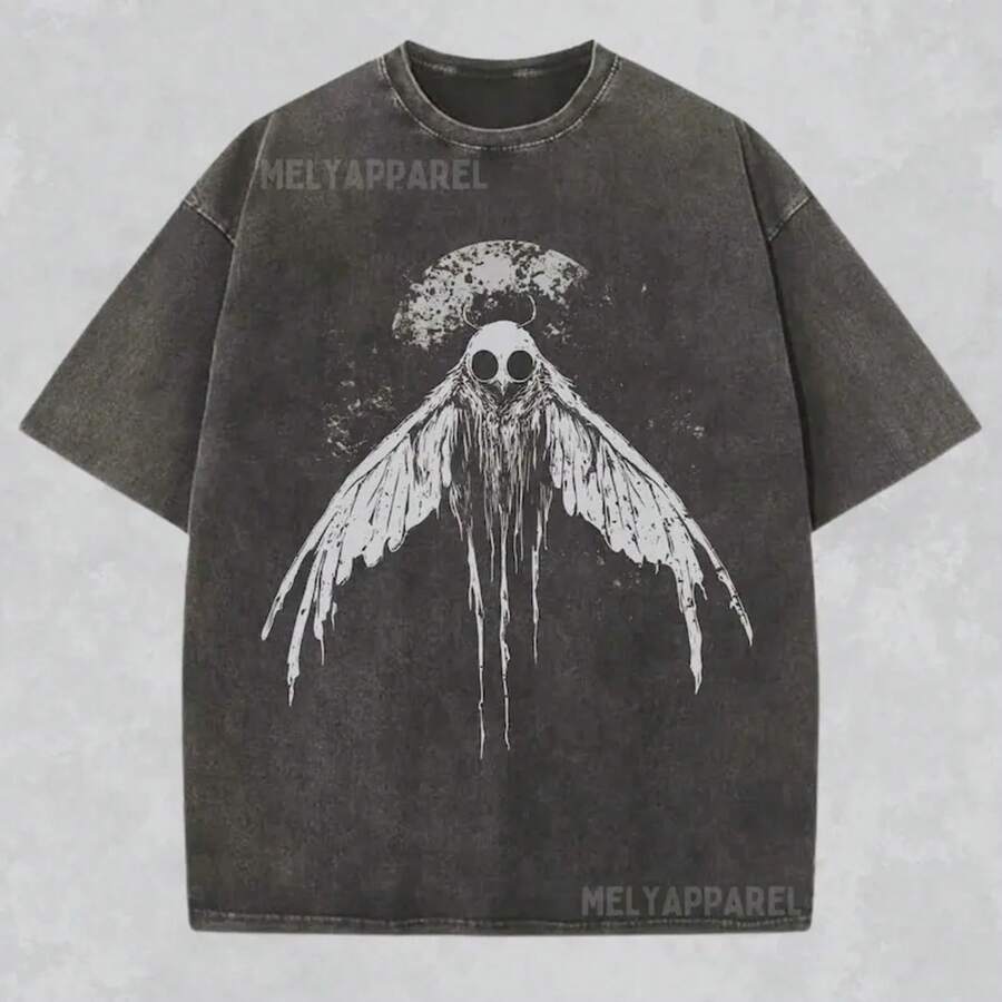 Cryptozoology Shirt Mothman Graphic Tee Cryptid Gift For Him Or Her Folk Horror Retro Crewneck Mystical Weirdcore Tshirt Valentine's Day Gift - 黑色 - 查看 1