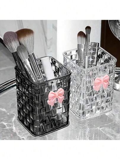 2pcs Woven Texture Plastic Makeup Brush Holder With Butterfly Stickers, Large Capacity Desktop Pen Cup Storage Box, Durable Transparent White & Black Plastic, Multi-Functional Desktop Storage Container For Makeup Brushes, Pens, Lipsticks And Stationery, Neat Organization For Desk, Vanity, Bathroom