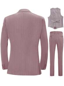 3pcs Men's Striped Pointed Collar Double-Breasted Pocket Suit Set, Elegant For Wedding, Party, Birthday - Pink - View 3
