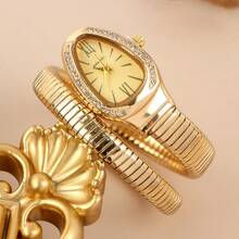 Vintage Mechanical Snake Design Bracelet Watch, European Style Oval Dial Wristwatch With Rhinestones, Stainless Steel Band Unisex Watch - 金,綠錶盤 - 查看 2