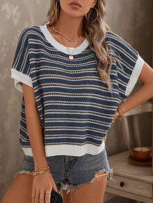 Women's Casual Commute Knit Striped Sleeveless Hollow Round Neck Regular Loose Tank Top, Butter Yellow Basic Summer Apparel (Pattern Randomized) - Blue - View 8