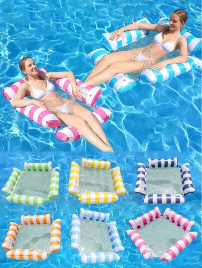 1 ชิ้น เปลญวนลายทาง 4 ท่อ, เปลญวนเป่าลมพับได้ตาข่าย 4 ด้านสำหรับผู้ใหญ่พร้อมราวจับลายทาง, ของใช้จำเป็นสำหรับชายหาด, ห่วงยางสระว่ายน้ำ