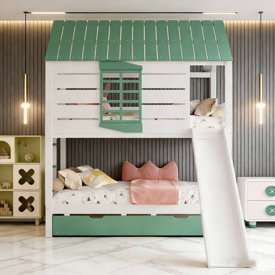 Kids Bed Frames, Headboards & Footboards - White+Green + MDF + Pine + Plywood + 90cm*200cm-1 - View 1