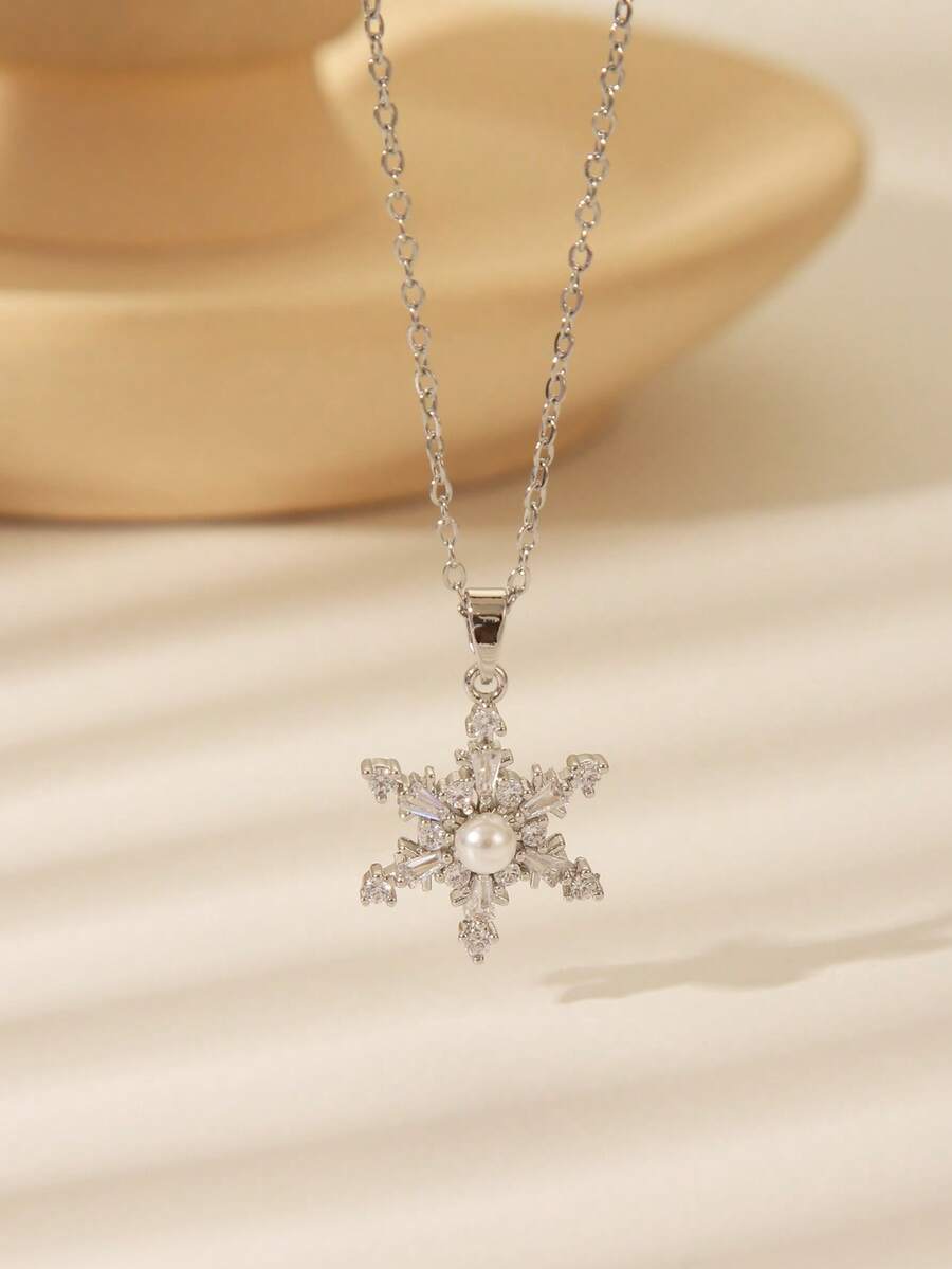 1件时尚高端百搭立方氧化锆镶嵌简约雪花吊坠项链，优雅女士项链装饰礼品，精致吊坠项链，铜质女士吊坠项链，特别适合圣诞节 - 銀色 - 查看 1