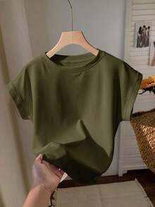 2026 SUMMER TopComfortcana Women's Casual Coffee Brown Round Neck Short Sleeve T-Shirt, SummerLoose And Comfortableshirt - 軍綠色 - 查看 1