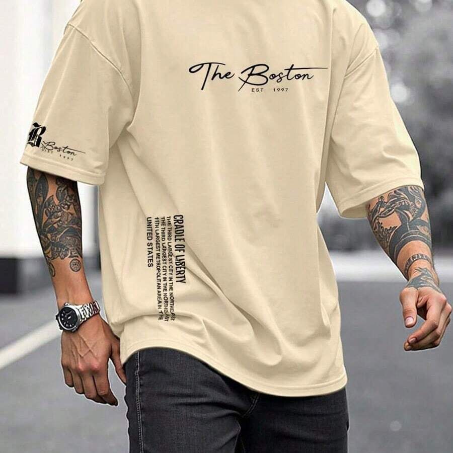 Men's Plus Size Casual Crew Neck T-Shirt With A Minimalist Design And Stylish Handwritten Fonts In Black Ink. - 杏色 - 查看 1