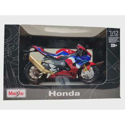 motocicleta deportiva escala 1:12 rojo y azul con base